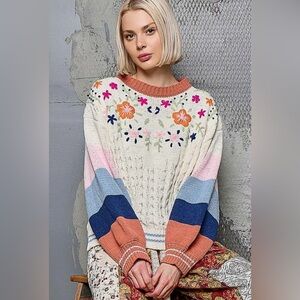 NWT Pol Floral Embroidered Color Block Chenille Sweater Balloon Sleeve Relaxed